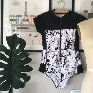 Black & white floral rash guard swimsuit
